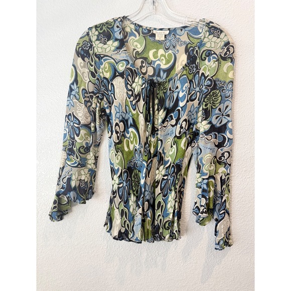 Y2K Charlotte Russe Floral Women Phoebe Buffay Green Blue Bell Sleeves Size L - Picture 2 of 11